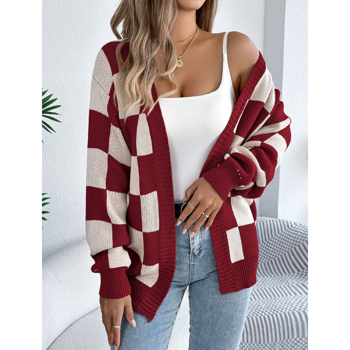 TIOZONEY - Cardigan a cuadros con bloques de color