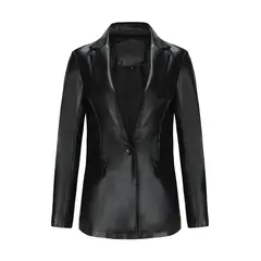 TIOZONEY - Abrigo de PU  de manga larga de color sólido para mujer - Negro