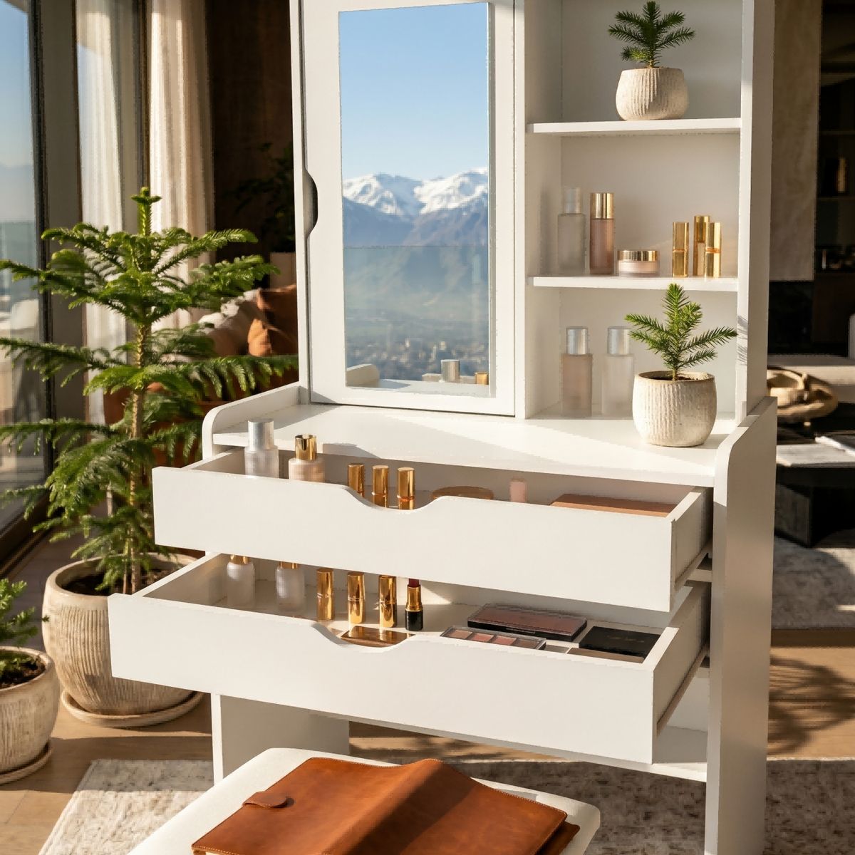 GENERICO - Set De Tocador Con Espejo Y Taburete Blanco Moderno Multifuncional Organizador Recámara 60x42x137cm