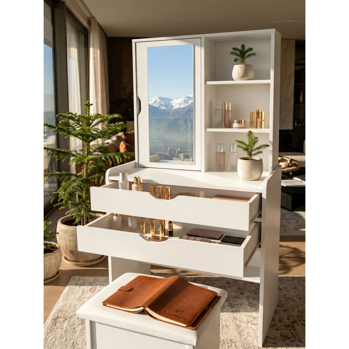 GENERICO - Set De Tocador Con Espejo Y Taburete Blanco Moderno Multifuncional Organizador Recámara 60x42x137cm