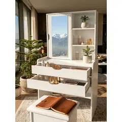 GENERICO - Set De Tocador Con Espejo Y Taburete Blanco Moderno Multifuncional Organizador Recámara 60x42x137cm
