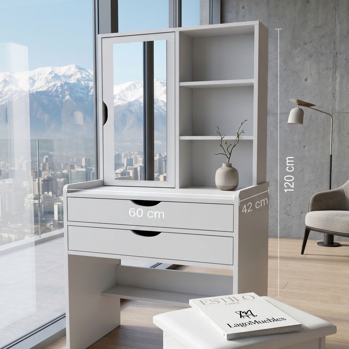GENERICO - Set De Tocador Con Espejo Y Taburete Blanco Moderno Multifuncional Organizador Recámara 60x42x137cm