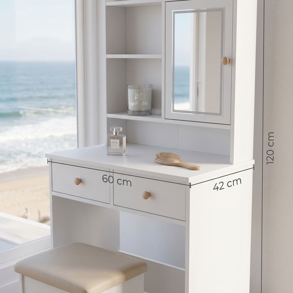 GENERICO - Tocador Minimalista Moderno Con Luz Led Touch Y Cajones Y  Taburete  Organizador Blanco  60x42x137cm