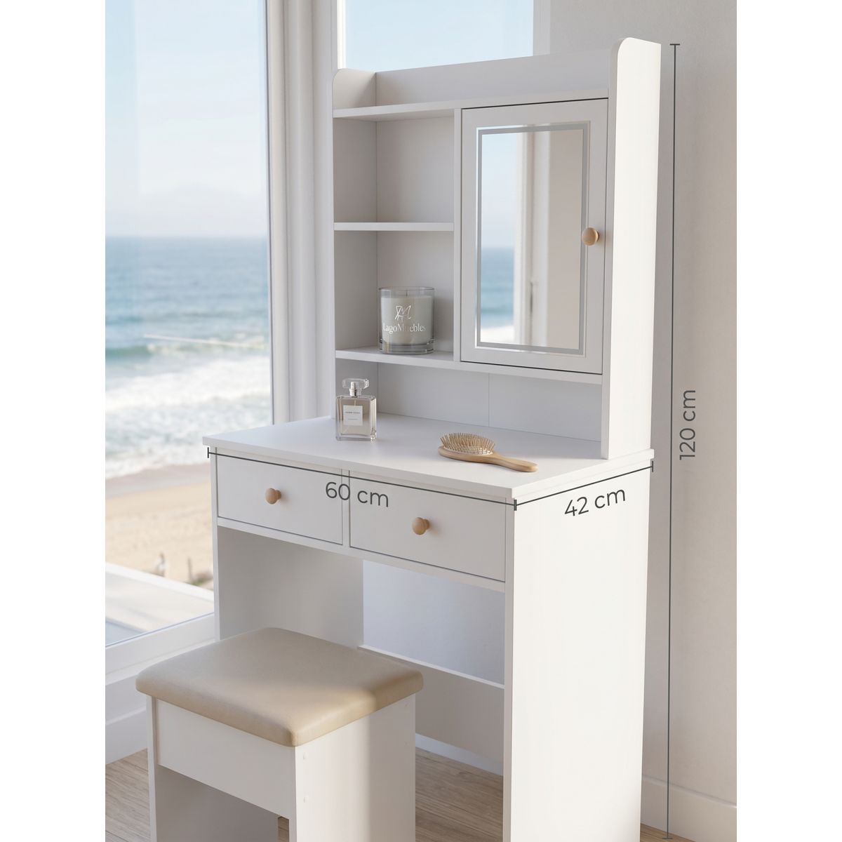 GENERICO - Tocador Minimalista Moderno Con Luz Led Touch Y Cajones Y  Taburete  Organizador Blanco  60x42x137cm