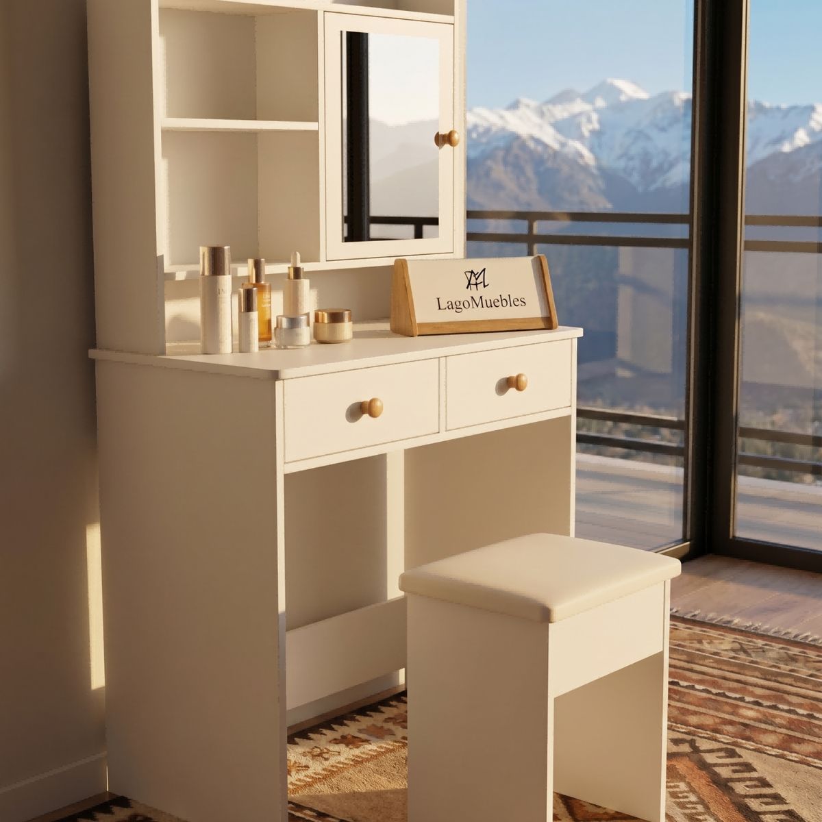 GENERICO - Tocador Minimalista Moderno Con Luz Led Touch Y Cajones Y  Taburete  Organizador Blanco  60x42x137cm