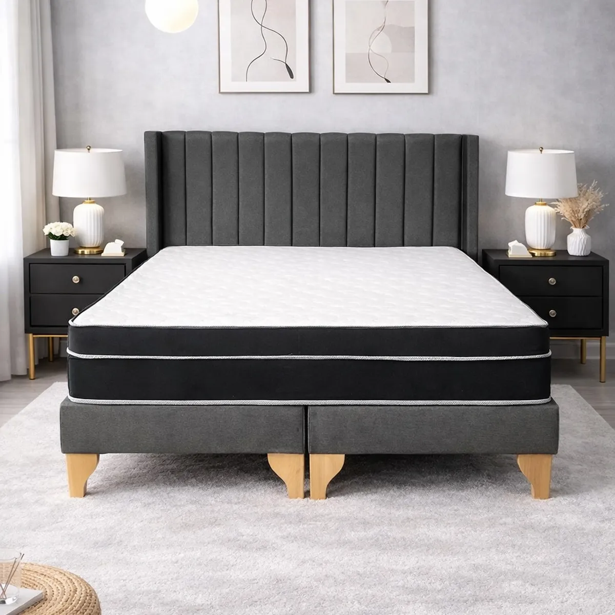 GENERICO - Cama Europea 2 Plazas Gris Base Dividida Colchón Híbrido Bonell Pillow Top Respaldo Lineal