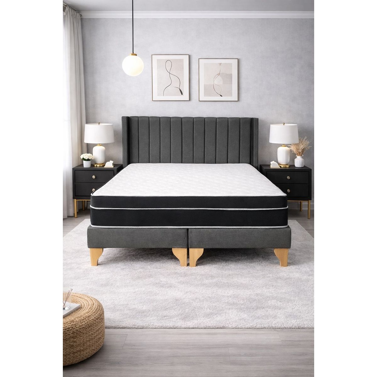 GENERICO - Cama Europea 2 Plazas Gris Base Dividida Colchón Híbrido Bonell Pillow Top Respaldo Lineal