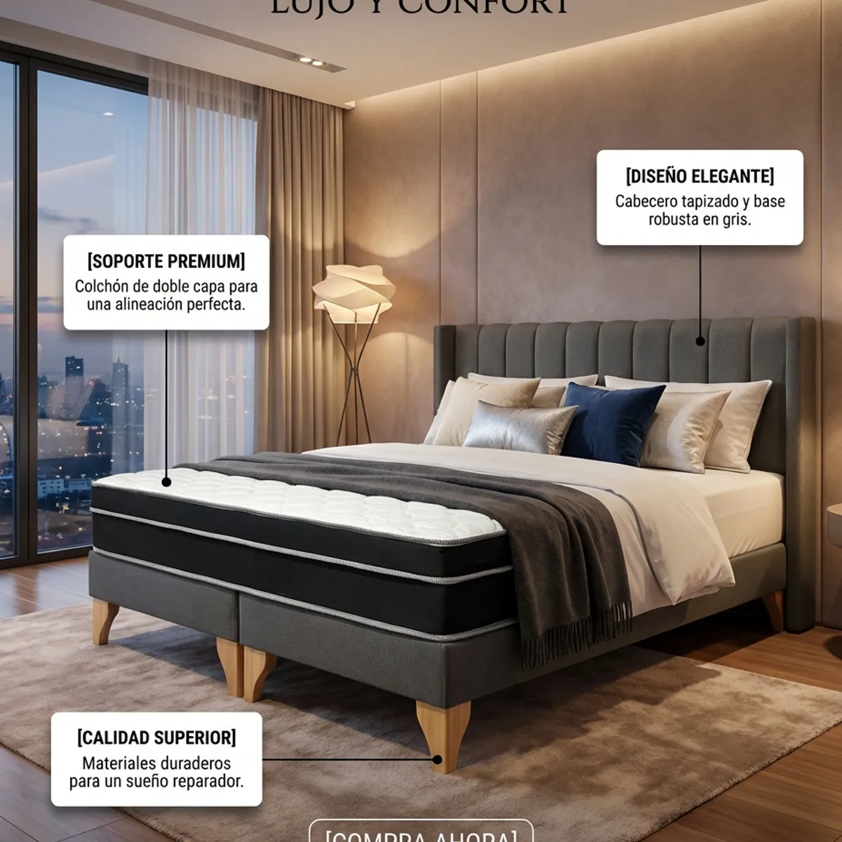 GENERICO - Cama Europea 2 Plazas Gris Base Dividida Colchón Híbrido Bonell Pillow Top Respaldo Lineal