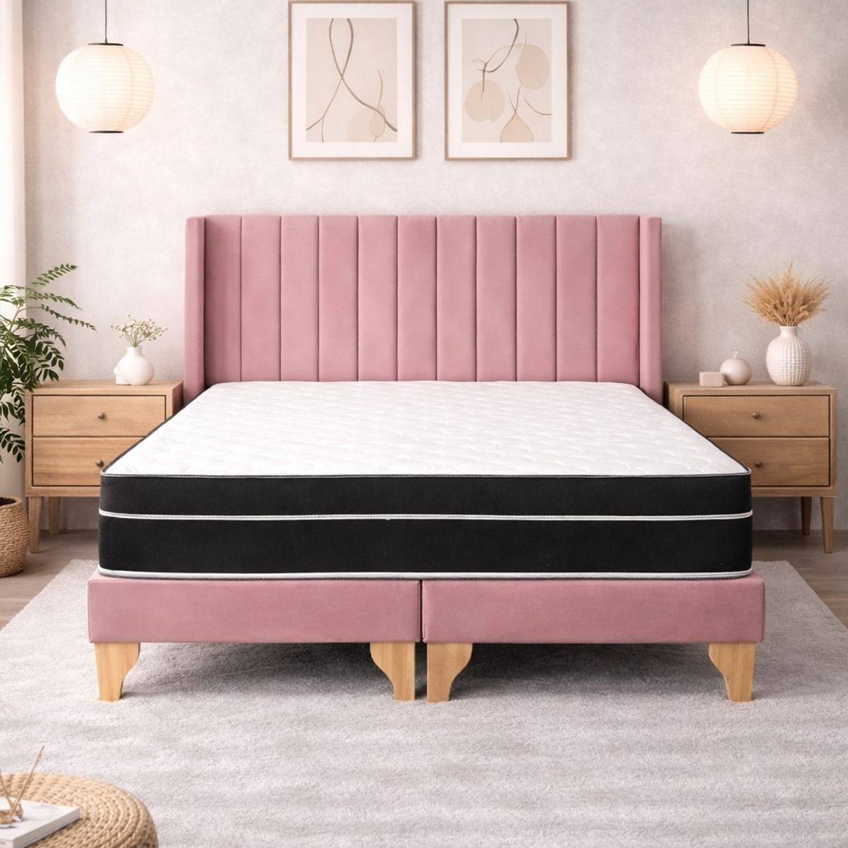 GENERICO - Cama Europea 2 Plazas Rosa Base Dividida Respaldo Lineal Colchón Híbrido Pillow Top