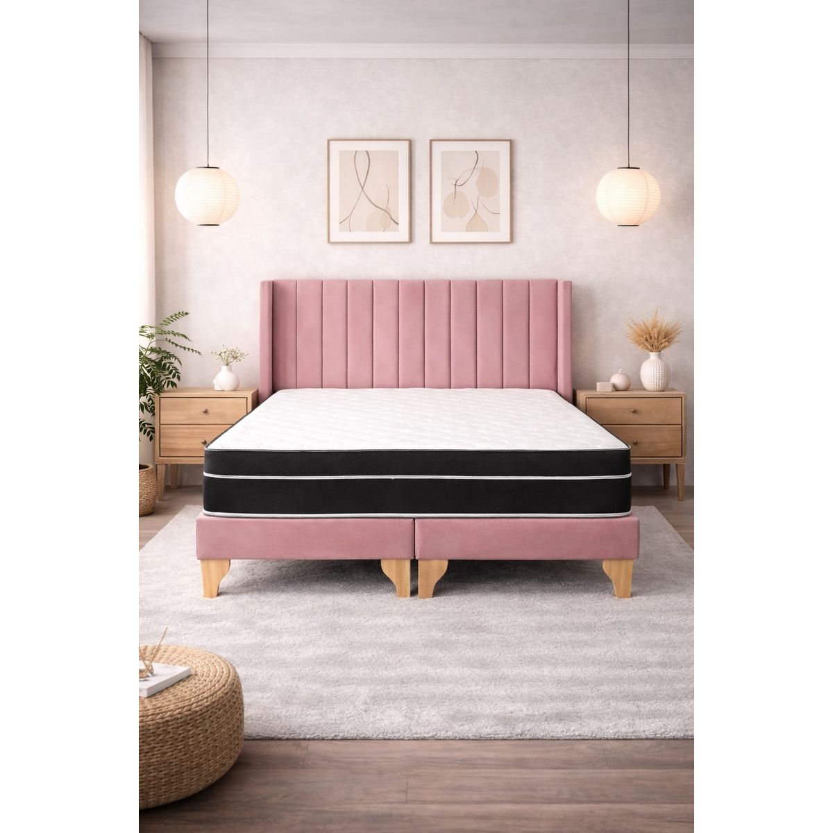 GENERICO - Cama Europea 2 Plazas Rosa Base Dividida Respaldo Lineal Colchón Híbrido Pillow Top