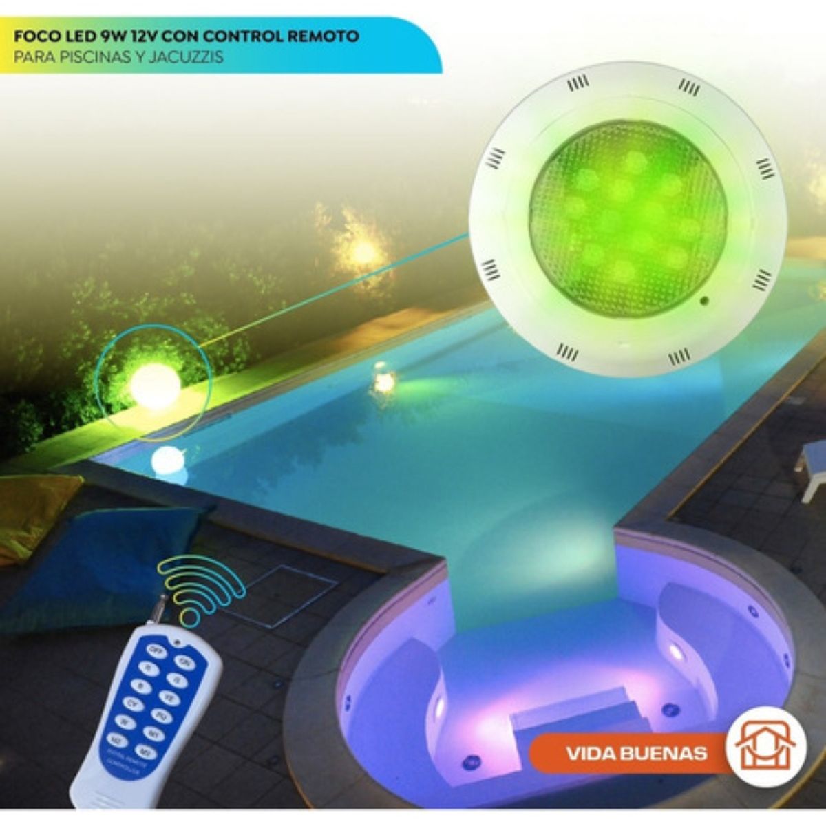 VIDA BUENAS - Foco Piscina 9w Mando A Distancia Lámpara Led Subacuática