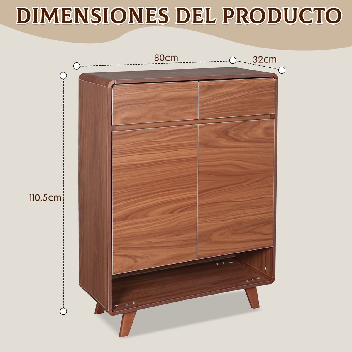 ROHE - Zapatero Organizador Con 2 Puertas Y 2 Cajones 80*32*112cm Marron