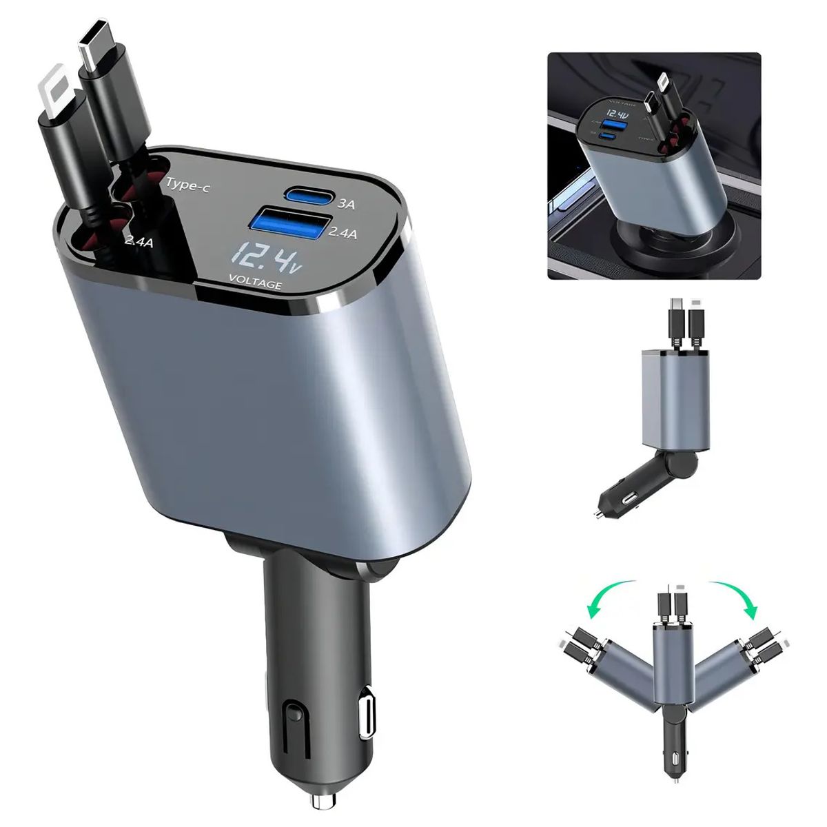 KUANGYE - Cargador Retráctil De Auto 60W USB-C Para iPhone Samsung 2 Puertos