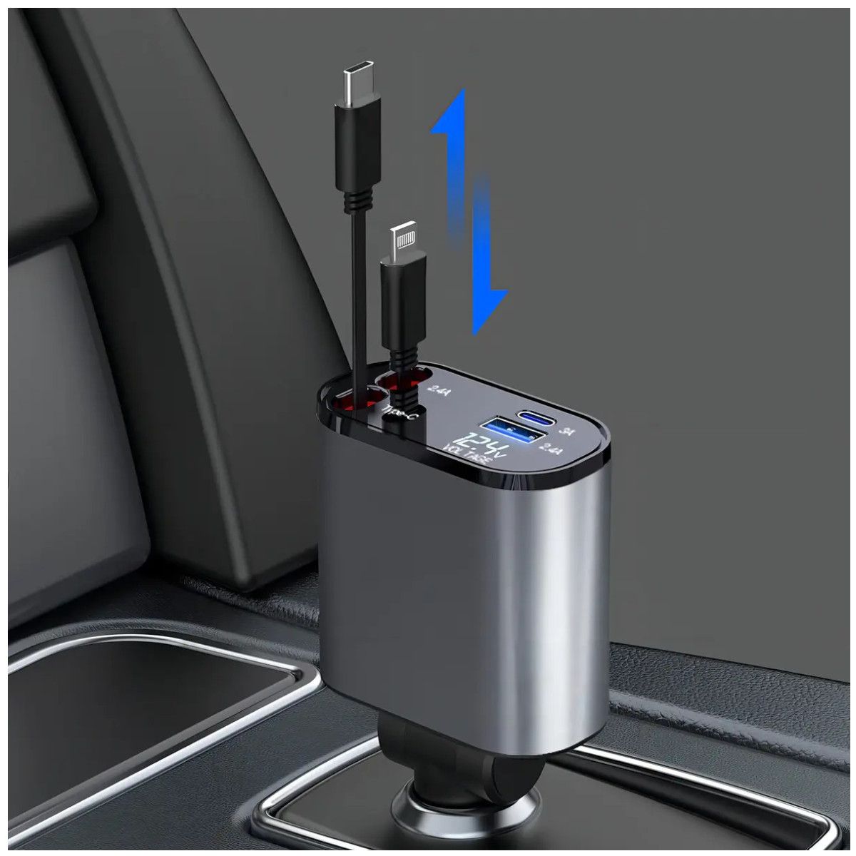 KUANGYE - Cargador Retráctil De Auto 60W USB-C Para iPhone Samsung 2 Puertos