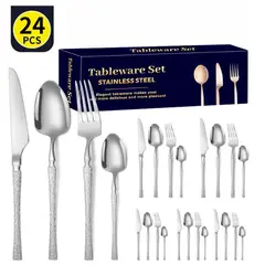 TIOZONEY - Conjunto de cubiertos plateados de 24 piezas
