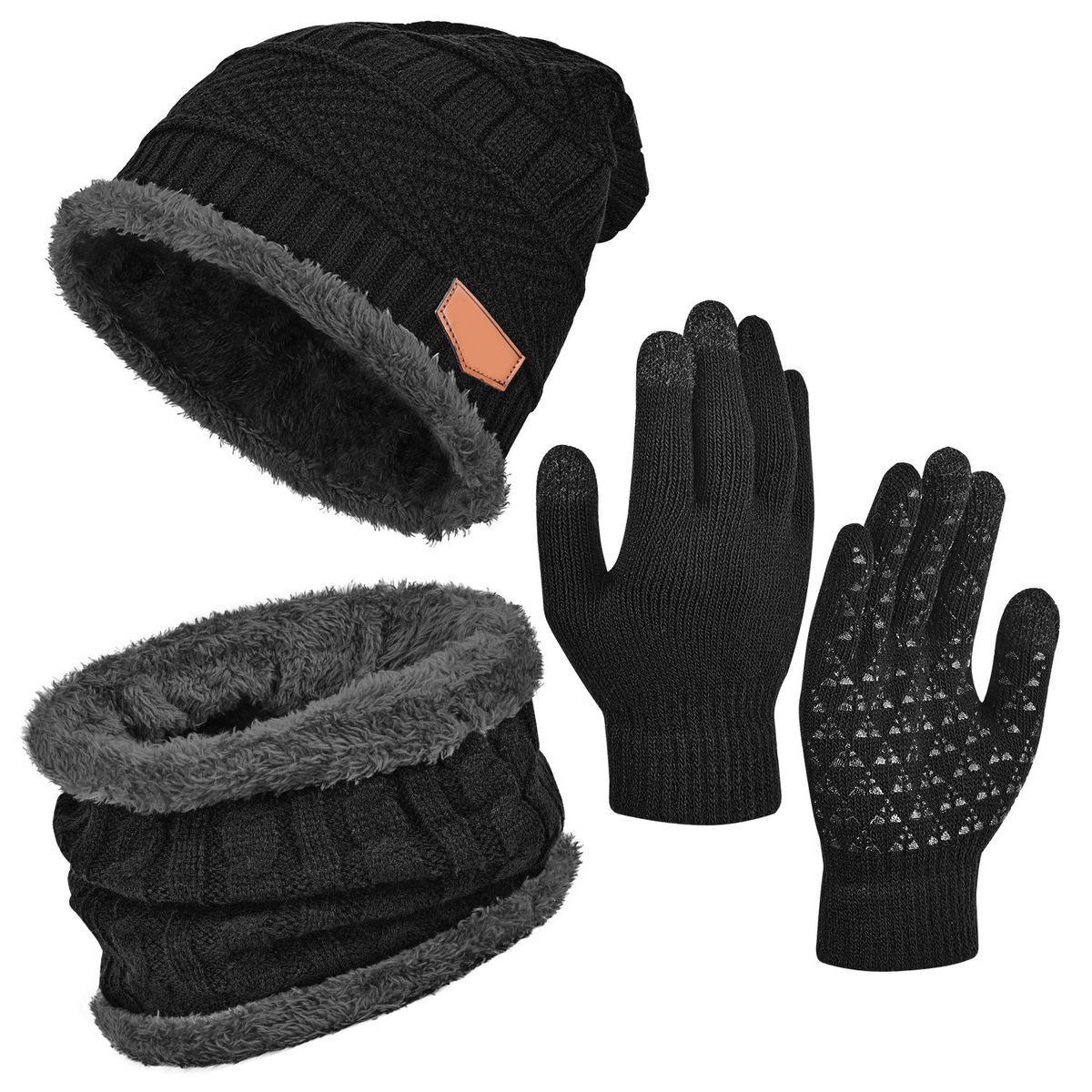 KUANGYE - Set Gorro, Bufanda y Guantes Táctiles Tejidos con Forro de Lana, Unisex para Invierno, Nieve y Esquí