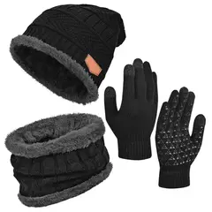 KUANGYE - Set Gorro, Bufanda y Guantes Táctiles Tejidos con Forro de Lana, Unisex para Invierno, Nieve y Esquí