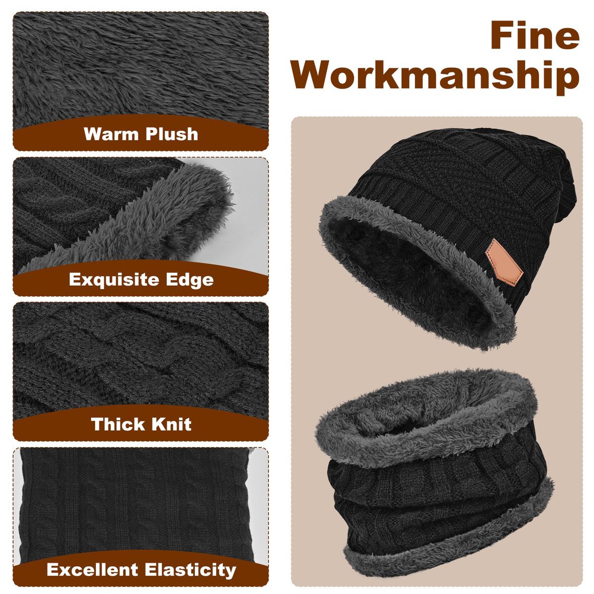 KUANGYE - Set Gorro, Bufanda y Guantes Táctiles Tejidos con Forro de Lana, Unisex para Invierno, Nieve y Esquí