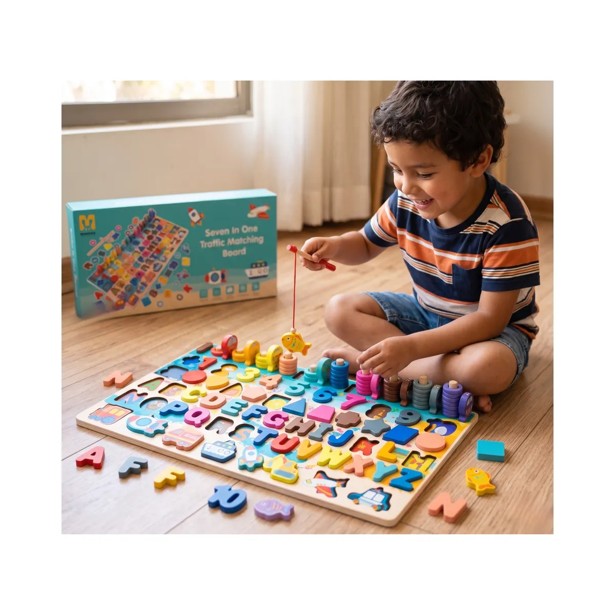 GENERICO - Tablero Didáctico Montessori 7 En 1 Madera Números Letras Y Pesca