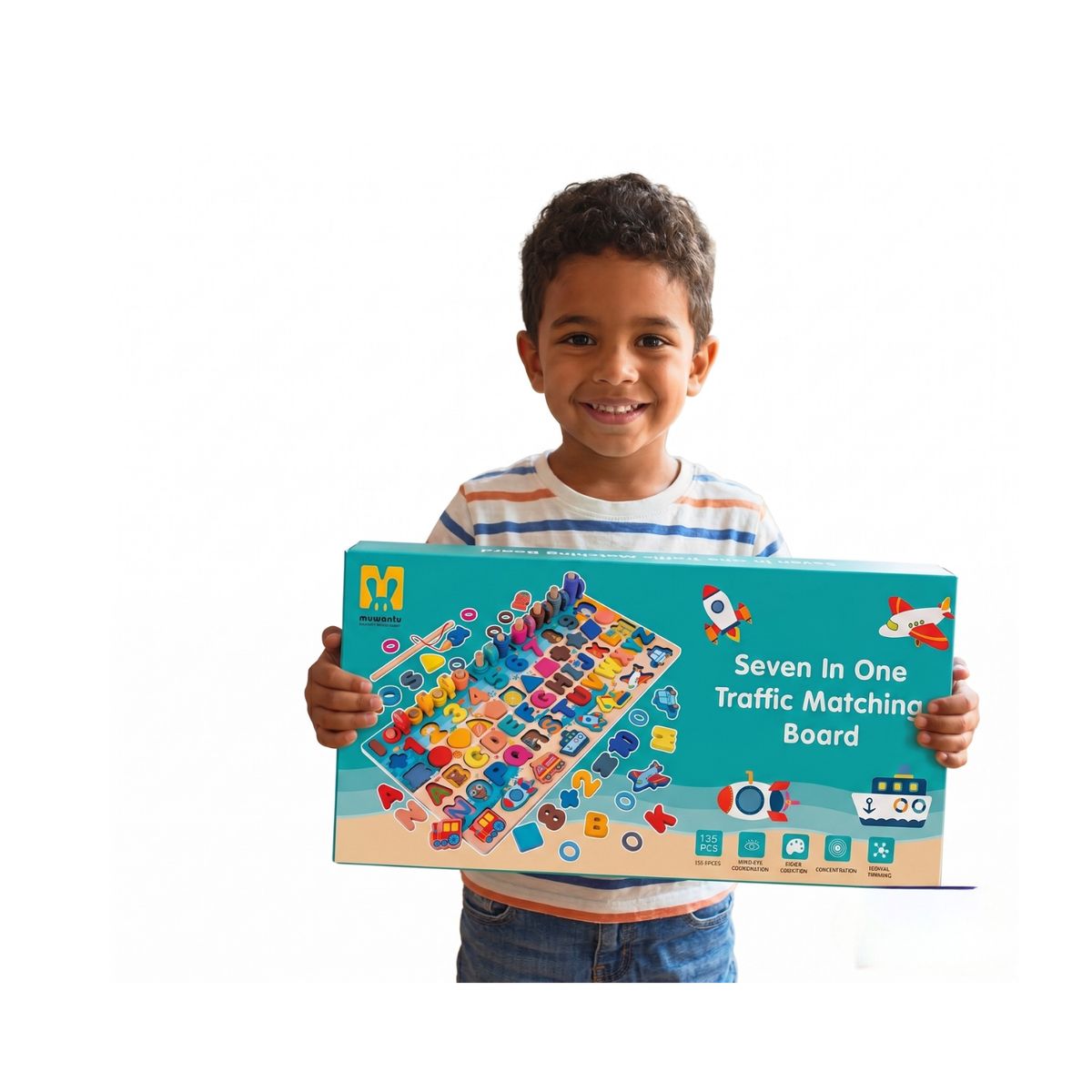 GENERICO - Tablero Didáctico Montessori 7 En 1 Madera Números Letras Y Pesca