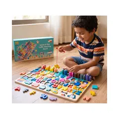 GENERICO - Tablero Didáctico Montessori 7 En 1 Madera Números Letras Y Pesca