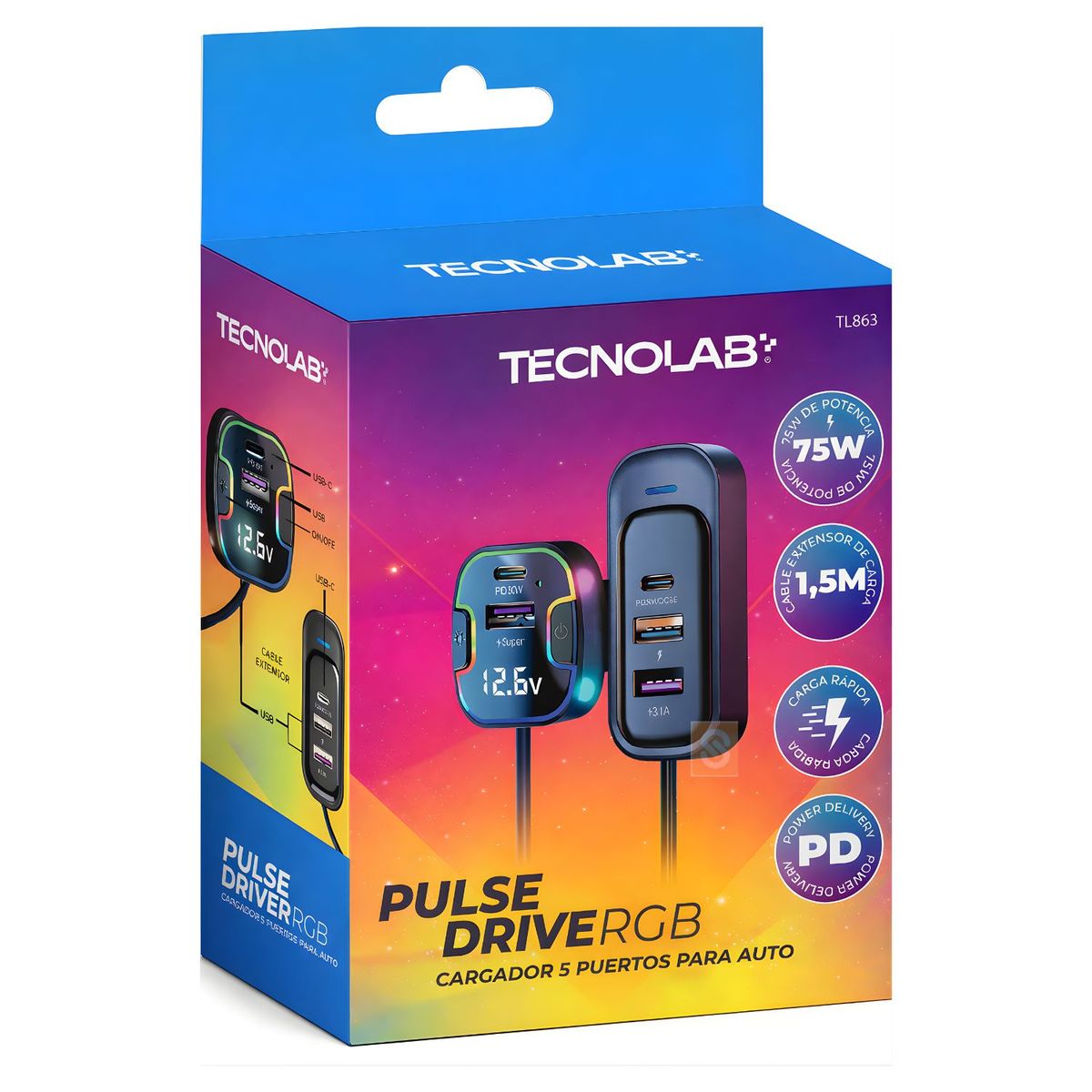 TECNOLAB - Cargador Auto 75W PD QC 5 Puertos + Cable - SC