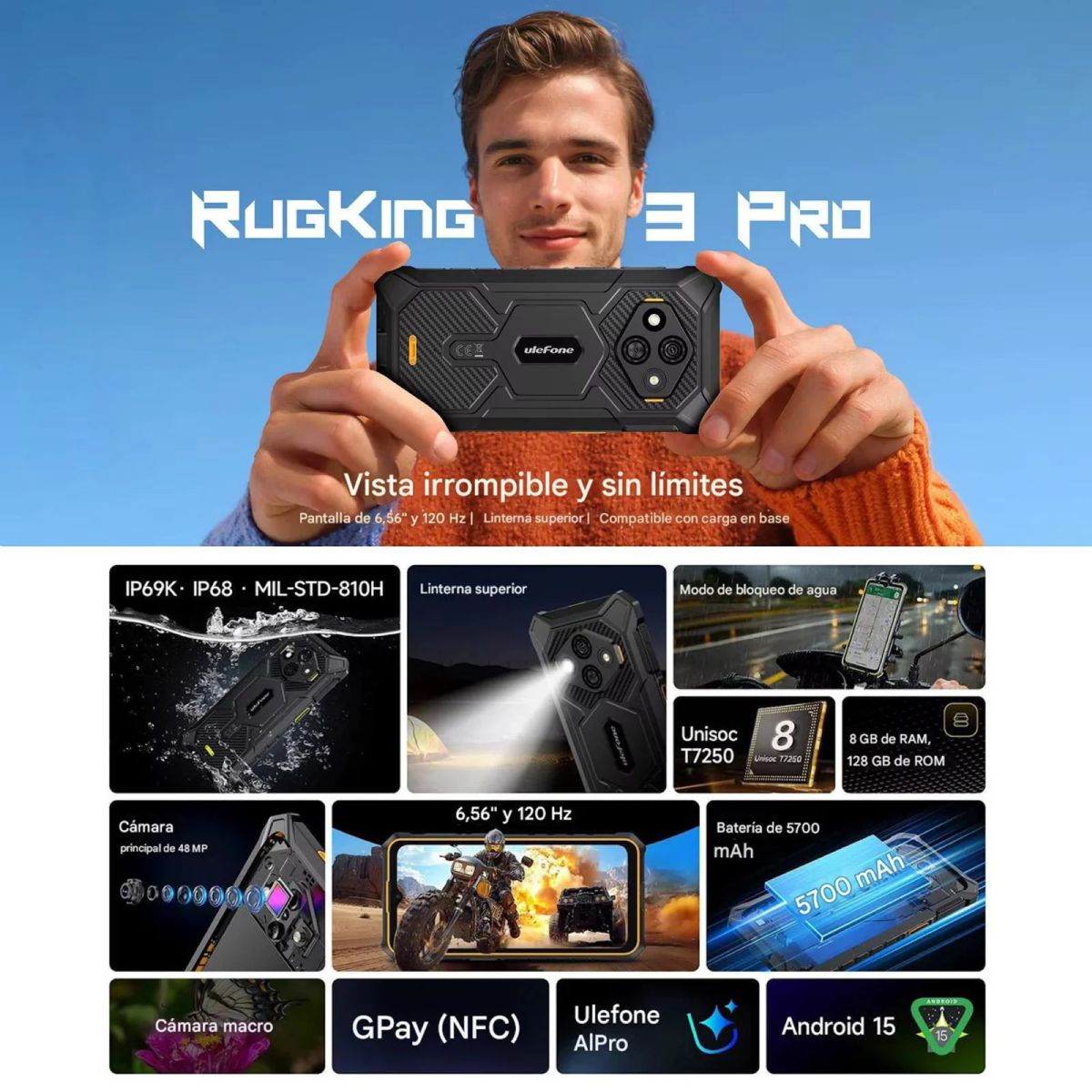 ULEFONE - Ulefone RugKing 3 Pro Rugerizado 120Hz Android 15 128GB IA Ultra Resistente Golpes Agua Polvo Potente y Fluido