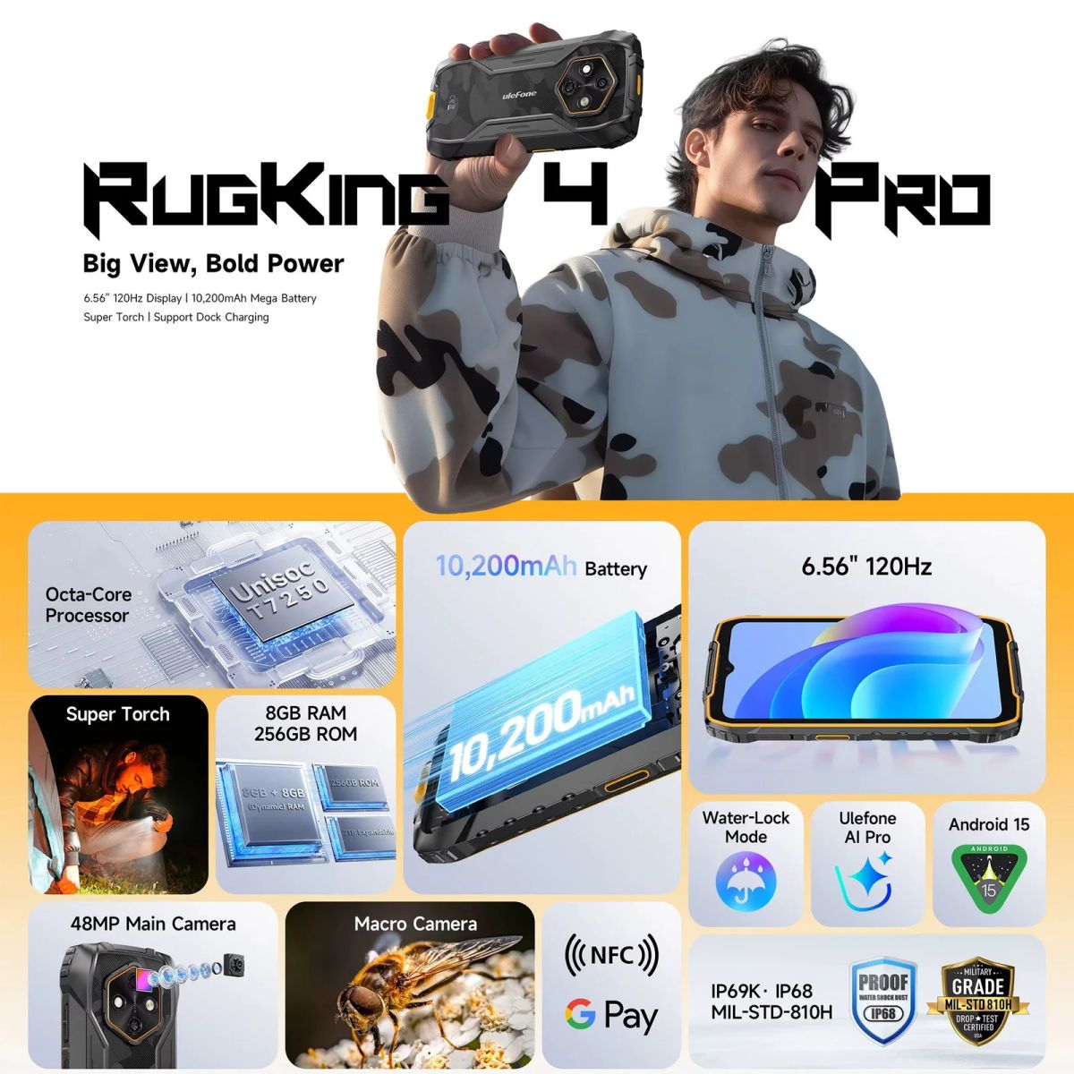 ULEFONE - Ulefone RugKing 4 Pro 10200mAh Rugerizado 120Hz 256GB Android IA Batería Gigante Dura Días Ultra Resistente