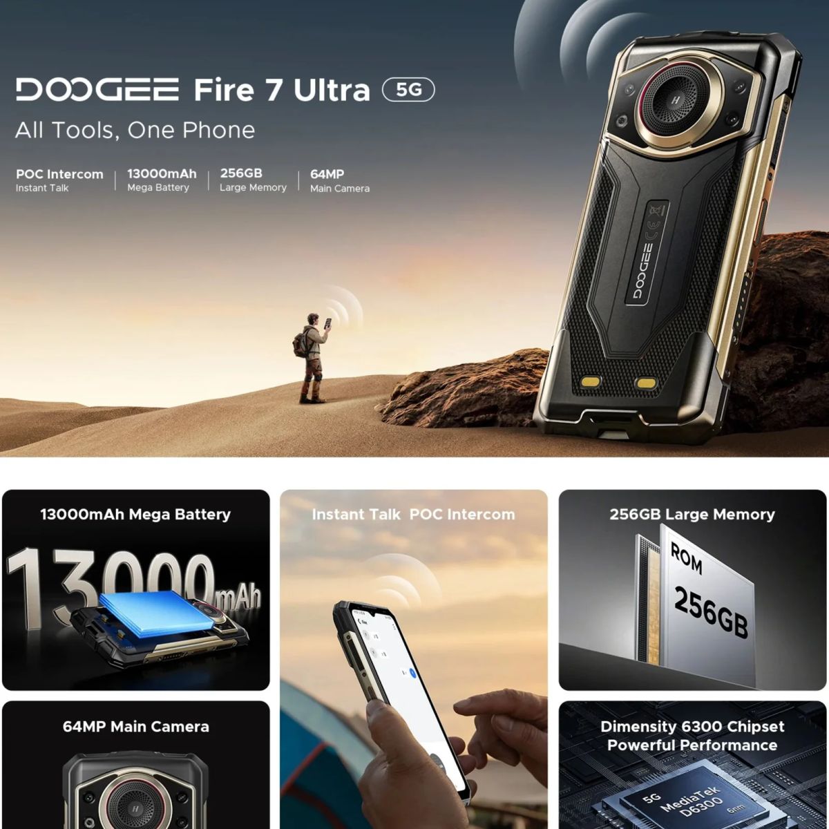 DOOGEE - Celular Rugerizado DOOGEE Fire 7 Ultra 5G - Batería 13000mAh - Intercomunicador POC Walkie-Talkie - Altavoz 125dB - 32GB RAM 8+24 + 256GB ROM - Cámara 64MP - Android 15