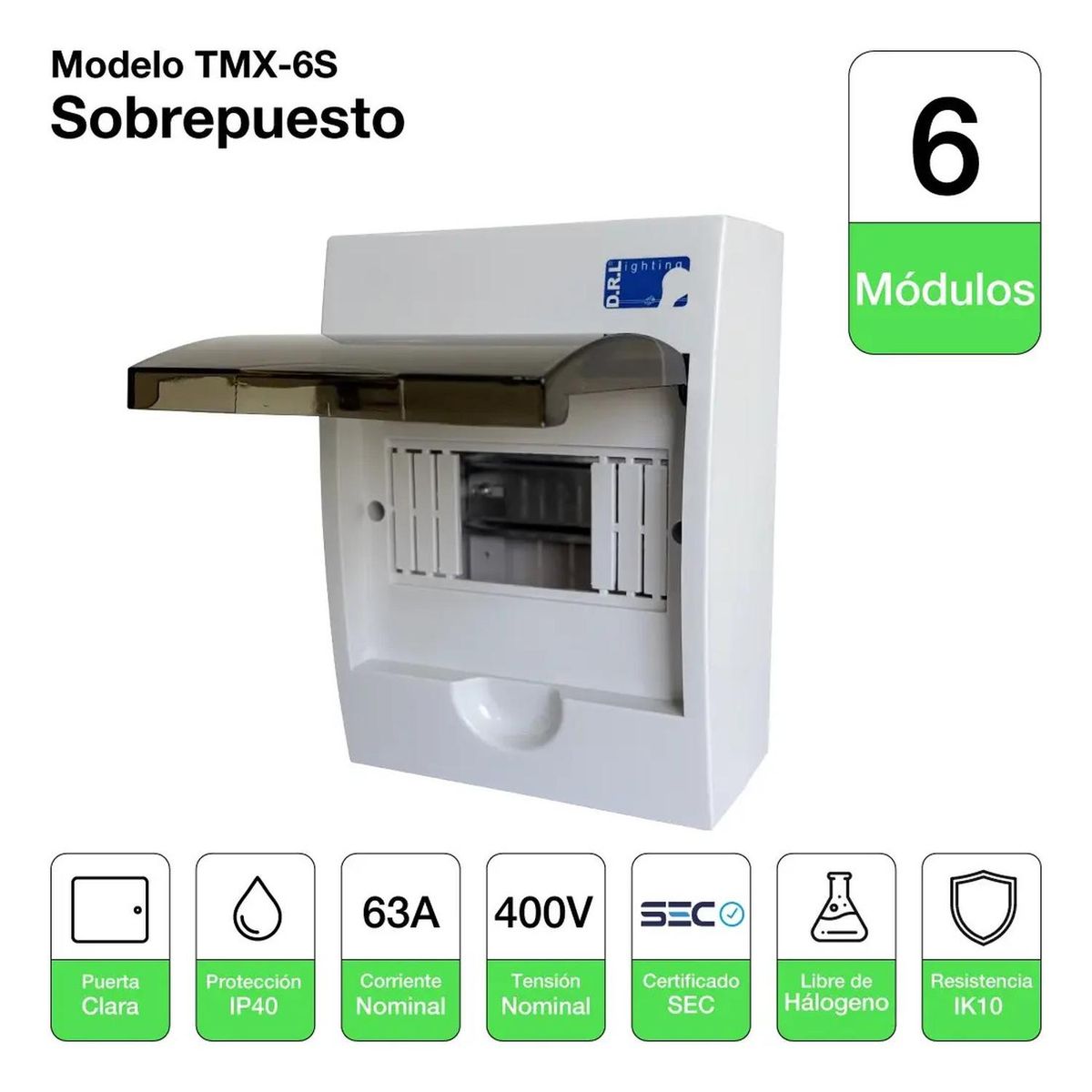 DRL - Tablero Eléctrico Sobreponer Drl 6 Modulos Tapa Clara Sec
