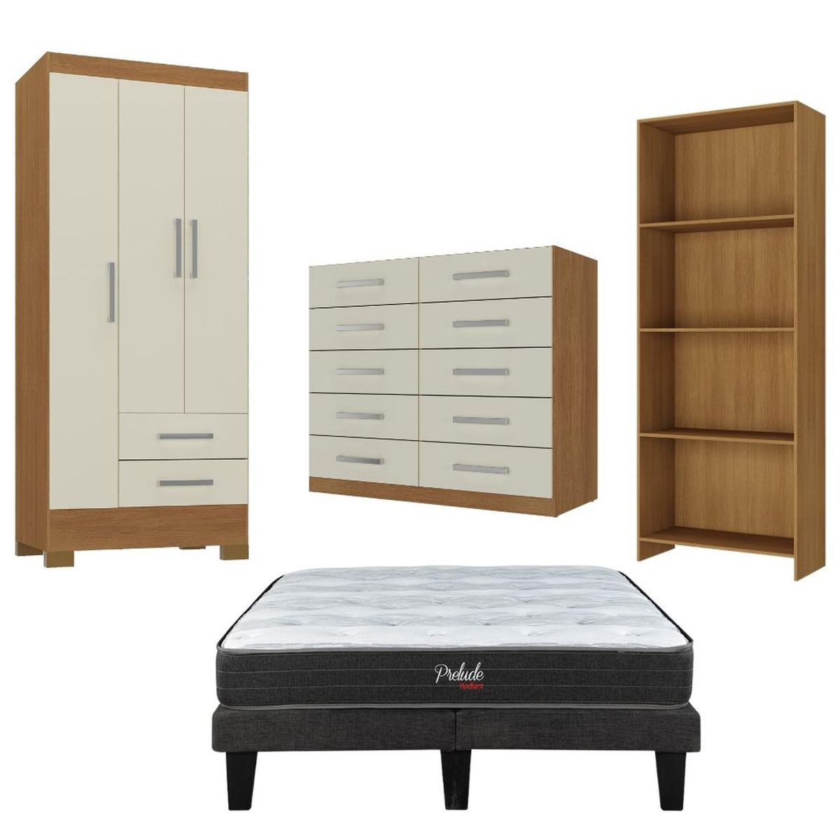 MOVELARIA - Combo Cama europea prelude 2 plazas + Clóset 3 puertas + Cómoda 10 Cajones + librero Off White CEP20
