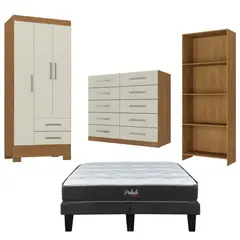 MOVELARIA - Combo Cama europea prelude 2 plazas + Clóset 3 puertas + Cómoda 10 Cajones + librero Off White CEP20