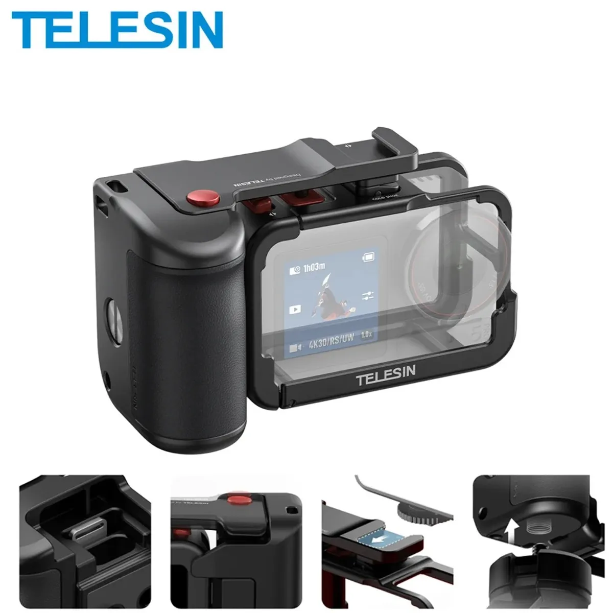 TELESIN - Grip + Jaula Aluminio Empuñadura para DJI Osmo Action 345