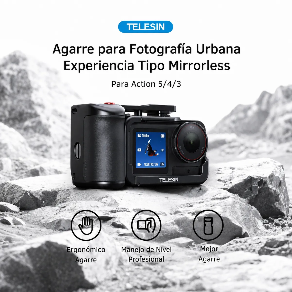TELESIN - Grip + Jaula Aluminio Empuñadura para DJI Osmo Action 345
