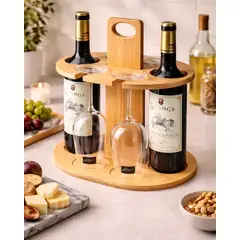 GENERICO - Rack Porta Vino Bamboo 2 Botellas Copas Soporte Bar Elegante