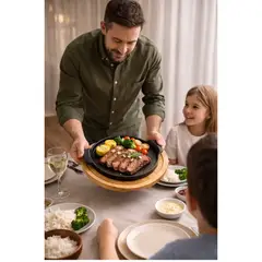GENERICO - Plato Para Carne Fierro Con Base Madera 25cm Parrilla