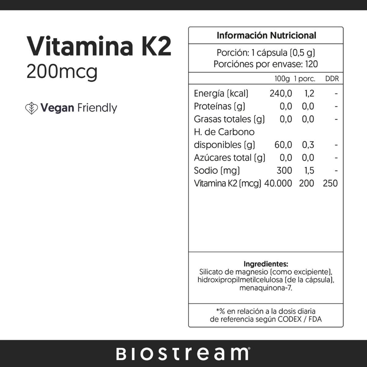 GENERICO - Vitamina K2 200mcg 120c Vegano Huesos & circulacion Biostream Sin Sabor