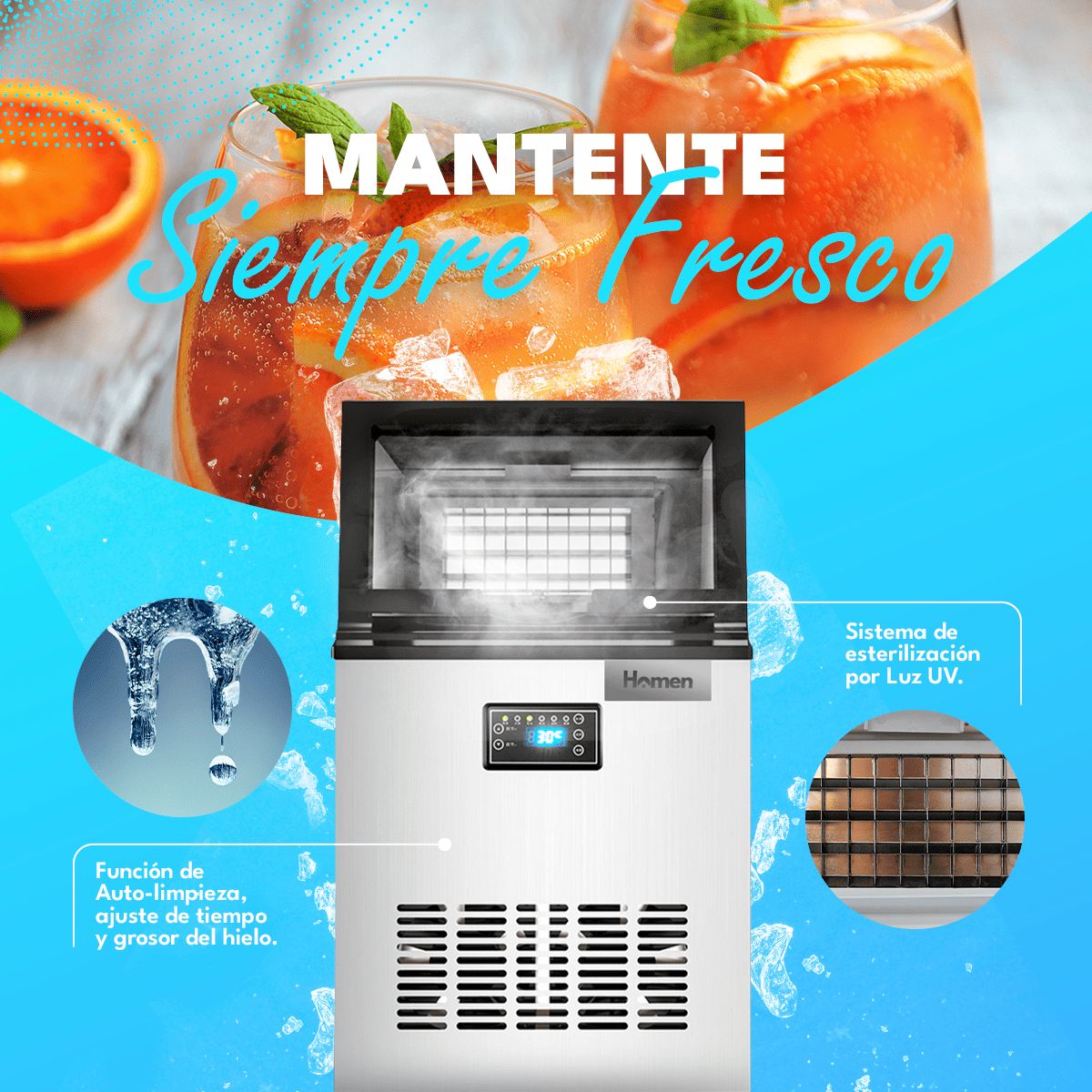 HOMEN - Máquina de Hielo Automática 25 kg por día Icemaker Homen