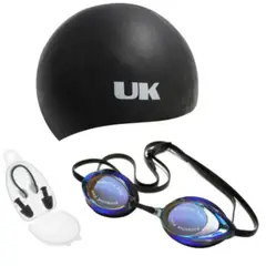 UK TIME - Pack De Natación Lente De Natación Black, Gorro Y Tapones