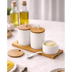 GENERICO - Set Condimenteros Cerámica Con Bandeja Bambú Elegante