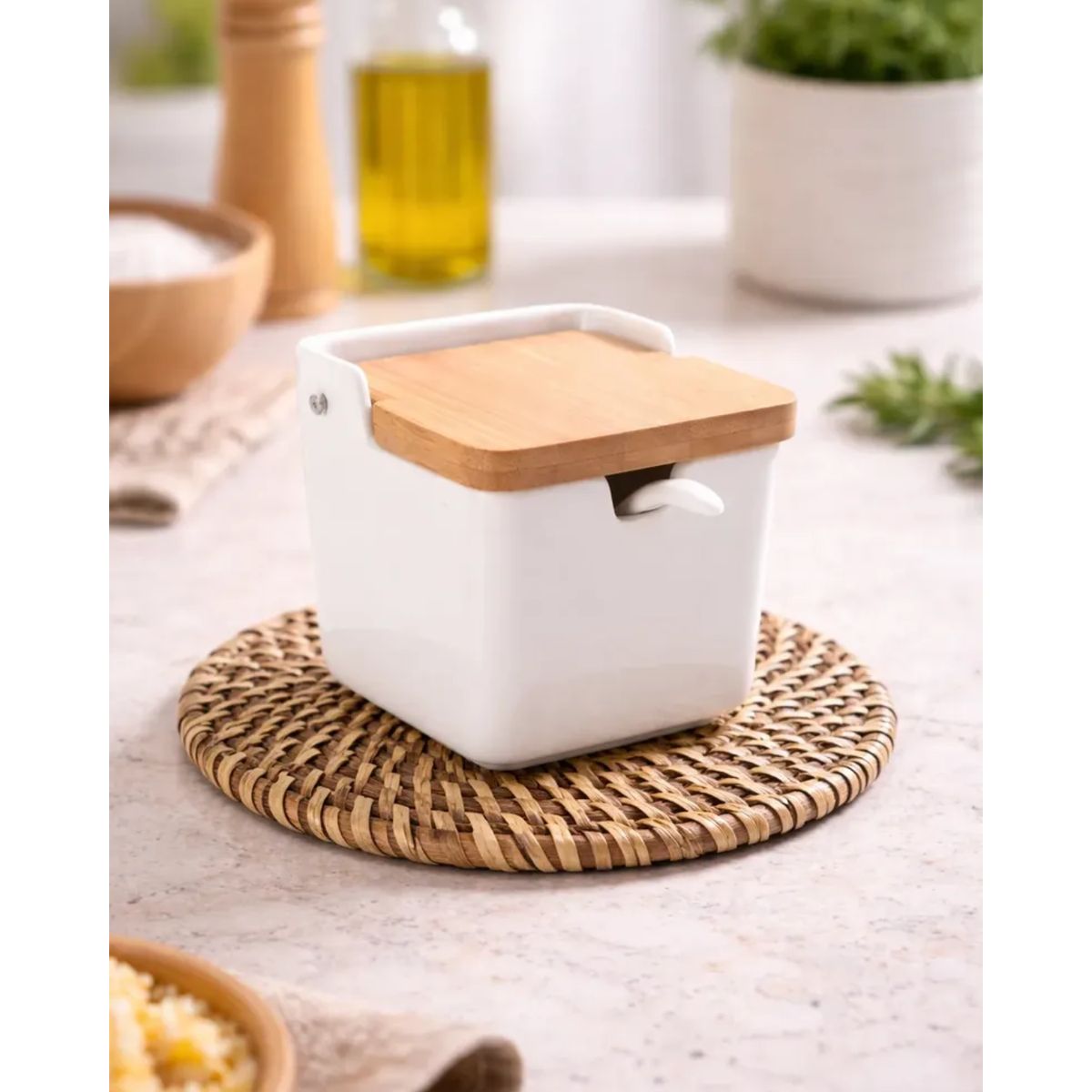 GENERICO - Condimentero Cerámica Con Tapa Bambú Y Cuchara Cocina
