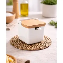 GENERICO - Condimentero Cerámica Con Tapa Bambú Y Cuchara Cocina