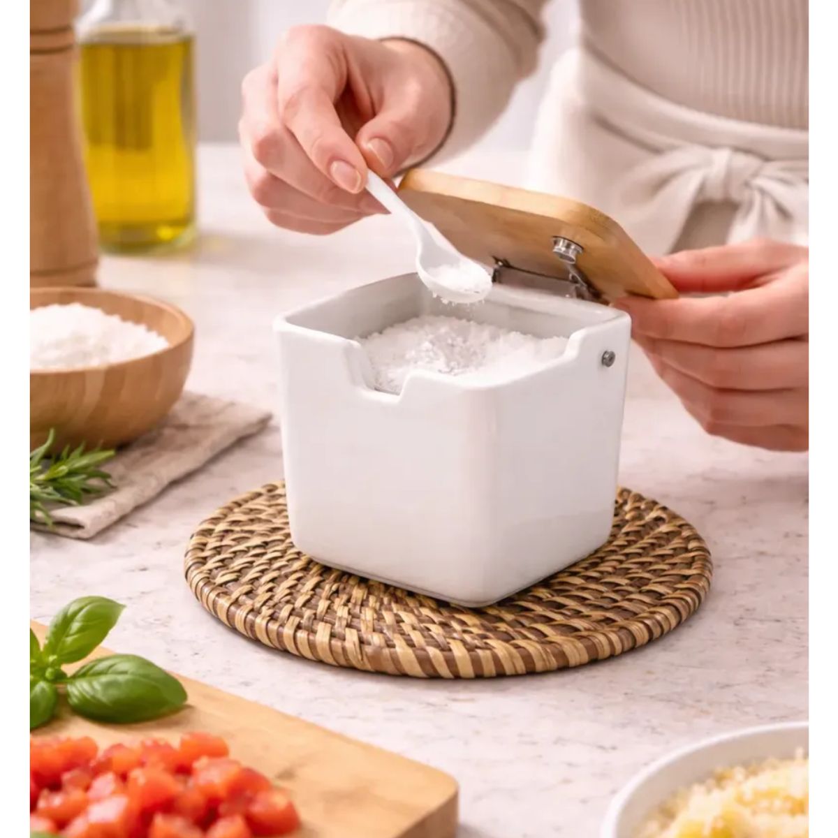 GENERICO - Condimentero Cerámica Con Tapa Bambú Y Cuchara Cocina