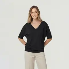 LINEATRE - Poleron Mujer Montserrat Relaxed Cuello En V Manga Caída Negro