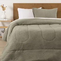 MASHINI - CUBRECAMA PLUMON CORAL 3D CON SHERPA VERDE 2 PLAZAS