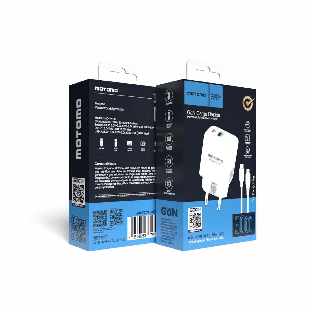 MOTOMO - CARGADOR CARGA RAPIDA GAN PD-30WQC3.0 5.0V-3.0A USB-C A LIGHTNING FCCAPA062