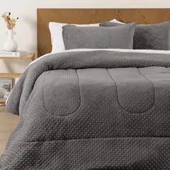 MASHINI - CUBRECAMA PLUMON CORAL 3D CON SHERPA GRIS 2.5 PLAZAS