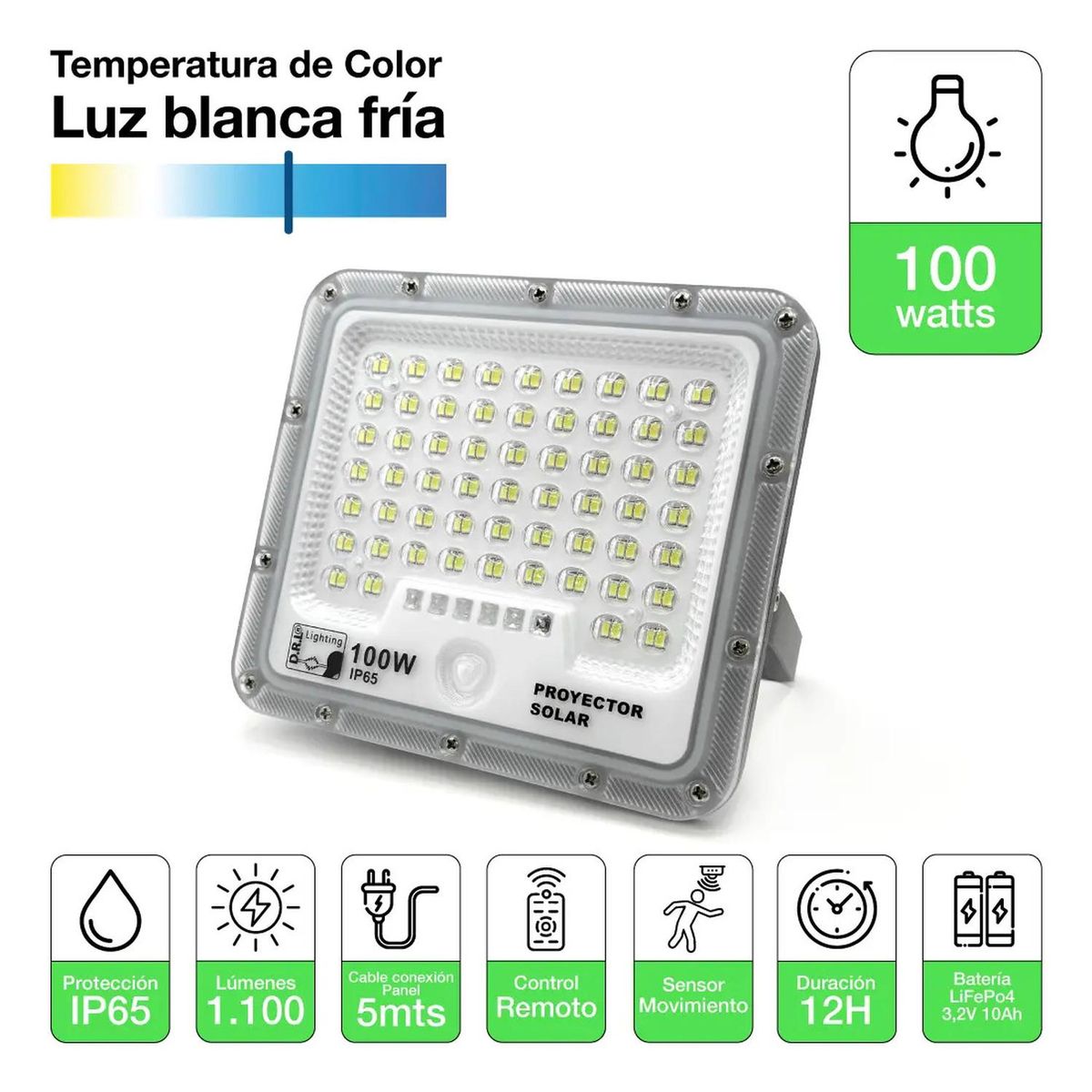 DRL - Foco Proyector Solar Led Exterior Itd 100w Fría Ip65 Sensor Gris Blanco Frío