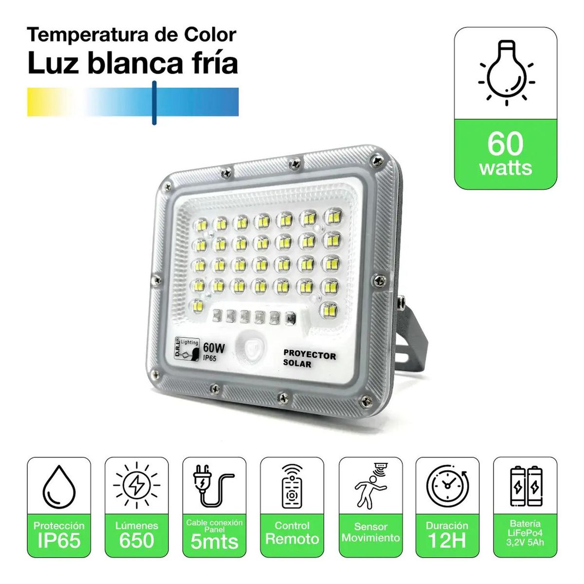 DRL - Foco Proyector Solar Led Exterior Itd 60w Fría Ip65 Sensor Gris Blanco Frío