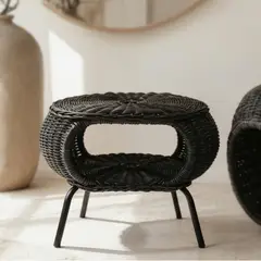 SANTU HOME & DECO - Mesa Otomana Apoyapies Rattan Minimalista Negra